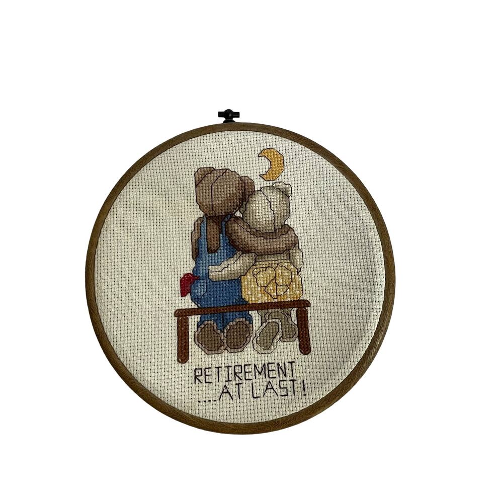 Retirement at Last! Bears on Bench Counted Cross Stitch 8.75" Round Handmade